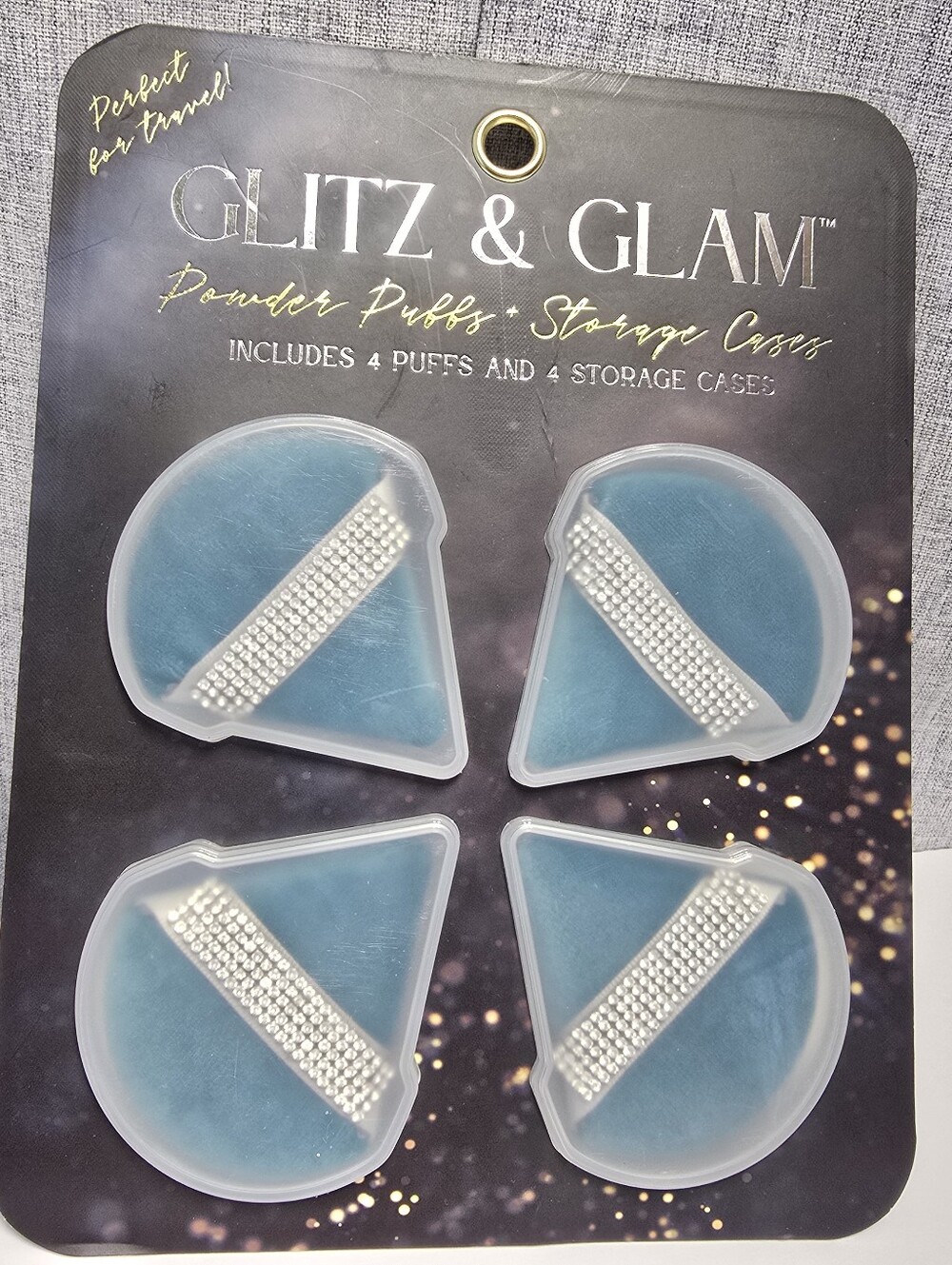 Glitz & Glam Powder Puffs + Storage Cases Set of 4 Rhinestone Embellished NEW